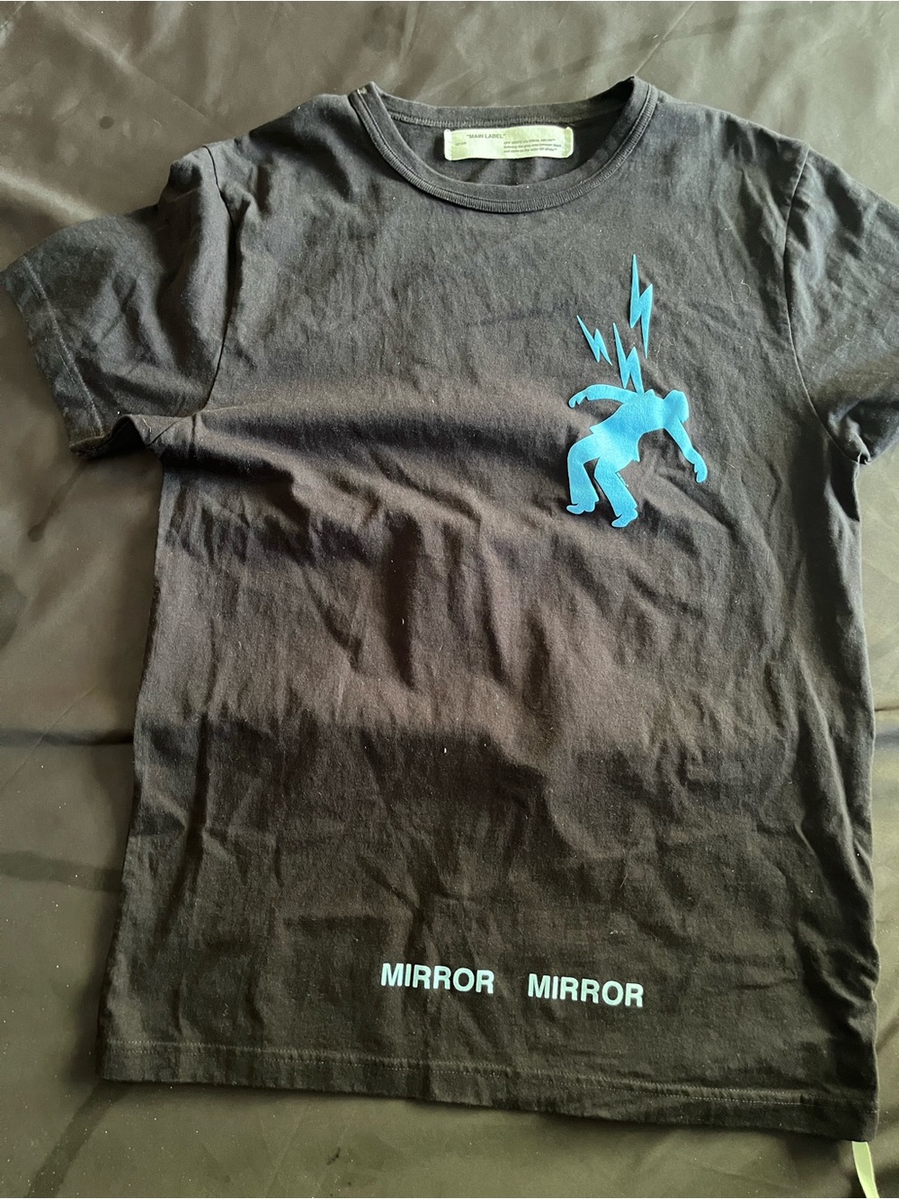 Off-White Black Tee with Cyan Lightning Figure